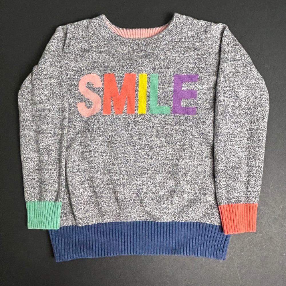 Gap Kids Gray Heather Knit Sweater SMILE‎ Applique Pink Blue Green Coral XS 4-5